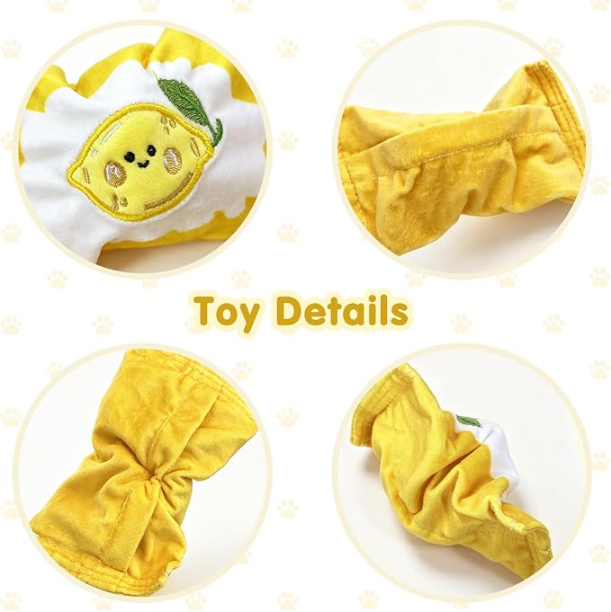 Andiker Squeaky Dog Toy, Cute Candy Shape Lemon Cherry Pattern Dog Chew Toy with Squeaky Spiky Ball and Crinkle Paper, Interactive Plush Dog Toy for Dogs Indoor Teething and Anxiety Relief (Yellow)