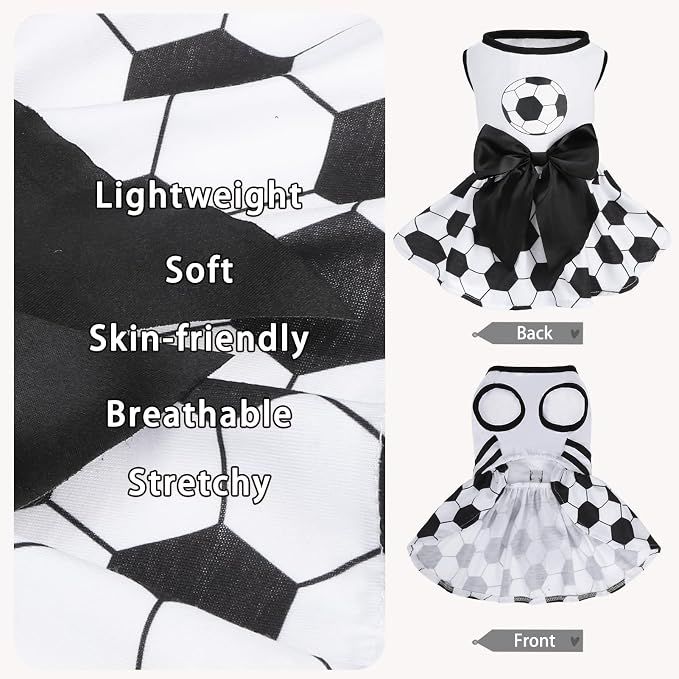PUPTECK Soccer Ball Dog Dress with Bow, Cute Dog Skirt White and Black S | Breathable Soft Pet Clothes for Small Medium Dogs Cats, Puppy Outfits Apparel Costume for Game Day Celebration Holiday Party