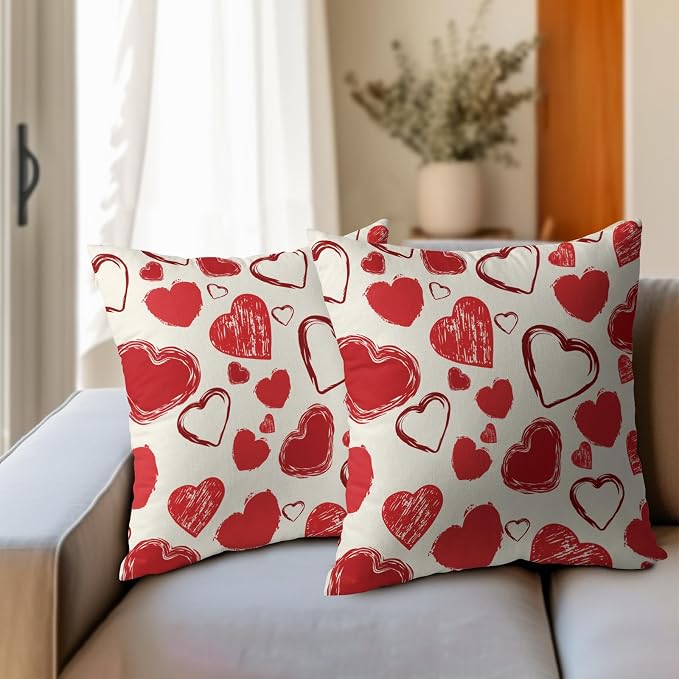 Kawani Red Love Hearts Pillow Covers 18x18 Inches, Set of 2 Valentines Day Romantic Wedding Bridal Decorative Pillowcases Cotton Linen Cushion Case for Couch Sofa Bed Room Home Decor