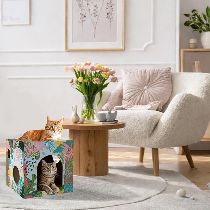 Cinrobiye Cardboard Cat House with 2 Pcs Scratching Pad，Pet Hideaway Cave Board Bed Playhouse Condo Box Decor Small Animals Scratcher Bed for Indoor Cats Kittens Rabbits Bunny