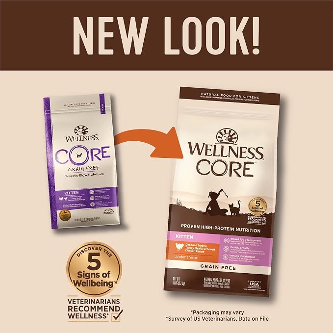 Wellness CORE Kitten Dry Cat Food, Natural, Grain Free Kibble, Turkey Meal and Chicken Recipe, 5 lb Bag