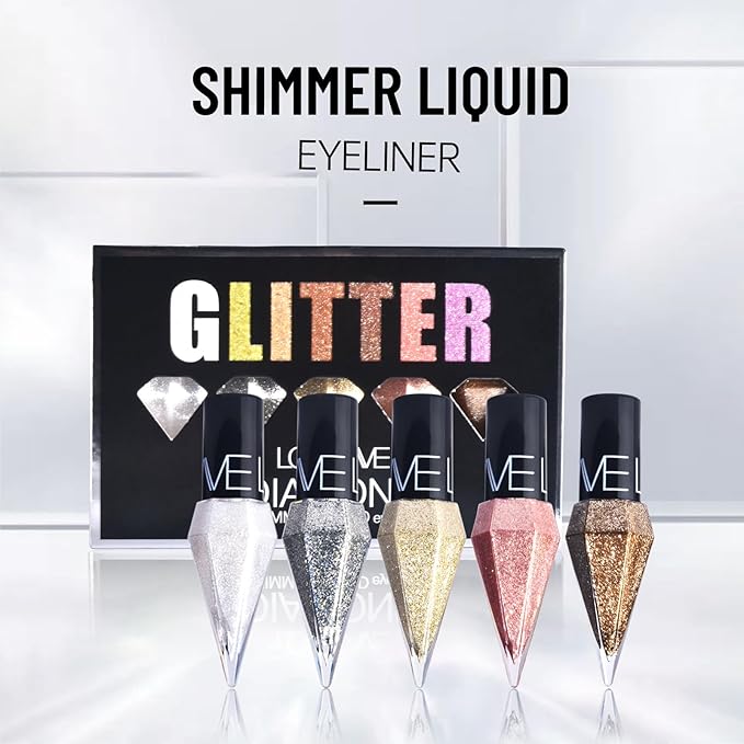 Glitter Liquid Eyeliner Colorful Set, 5 Colors Metallic Shimmer White Silver Gold Rose Eyeliner Waterproof Long Lasting Sparkle Glitter Liquid Eyeshadow Dazzling Valentine's Day Eye Makeup for Women