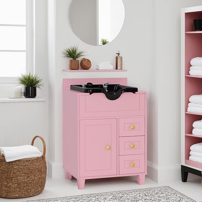BarberPub Barber Storage Shampoo Station, Spa Textured Embossed Cabinet with Shampoo bowl & Drawers, Hair Salon Sink Backwash Equipment 7131 (Pink)