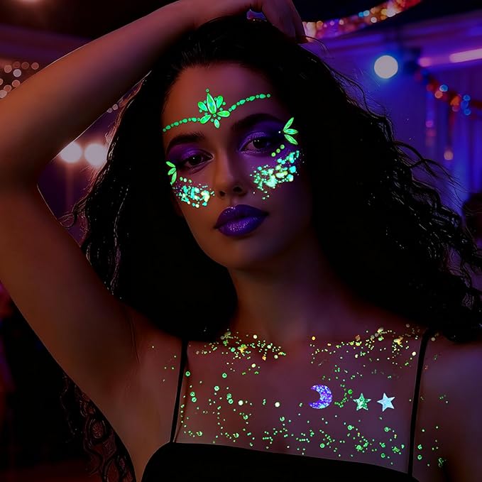 YGDZ Glow in The Dark Face Glitter, Hair Body Glitter Gel, Face Jewels Stick On for Women, Festival Carnival Outfits, Mermaid Costume for Halloween Makeup, Rave Accessories for UV Black Light Party