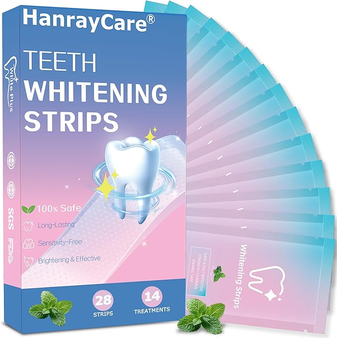 HanrayCare Premium Teeth Whitening Strips, Ultra-Thin, No Residue, Non-Slip, Enamel-Safe, Dentist Formulated for Professional Whitening at Home, 30-Min Fast Results, Deep Stains Removal Efficiently
