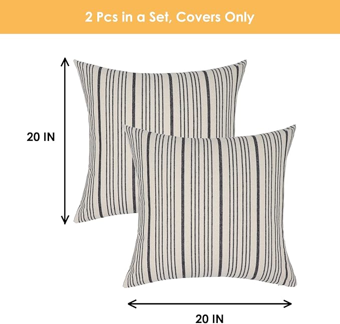 Black Outdoor Striped Pack of 2 Couch Throw Pillow Covers 20x20 | Farmhouse Decorative Square Throw Pillows for Couch Sofa Bed Black and Cream