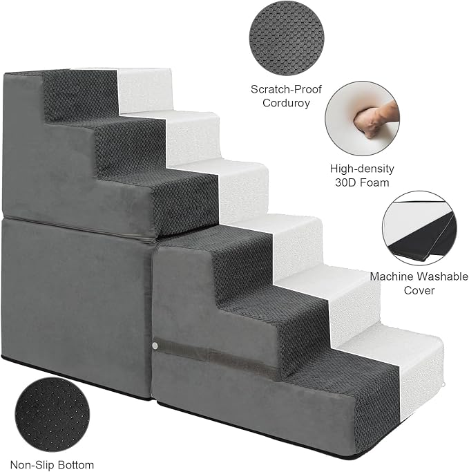 Dog Stairs for Small Dogs, 6-Step Dog Steps for High Bed, High-Density Foam Pet Stairs with Non-Slip Removable Washable Cover to Get on Bed