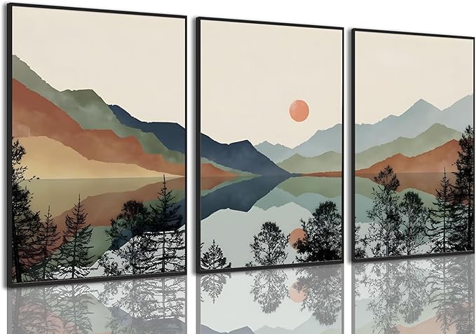 Blue Mountain Framed Canvas Wall Art Set of 3 16x24 inch | Boho Watercolor Wall Decor, Blue Mountain Sun Forest Prints, Living Room Bedroom Office Art