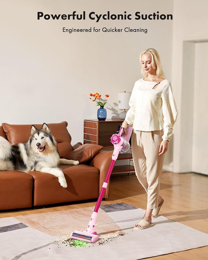 Trucozie Cordless Vacuum Cleaner, 8-in-1 Lightweight Stick Vacuum with 45mins Runtime, Powerful Suction, Green Light & Self-Standing Vacuum Cleaners for Home, Hardwood Floors, Carpet, Pet Hair, Pink