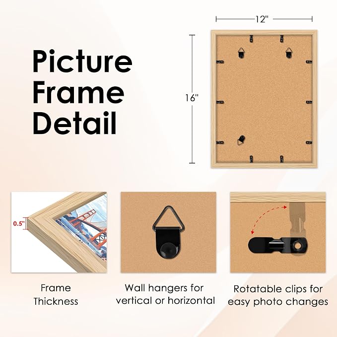 12x16 Picture Frame Natural Set of 2, Photo Frame with HD Plexiglass, Display Pictures 8.5x11 with Mat or 11x17 Without Mat, Natural Picture Frames Collage Wall Decor, Gallary Wall Frame