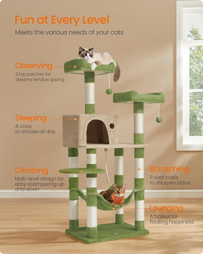 Feandrea Cat Tree, 55.8-Inch Cat Tower, Multi-Level Plush Condo with 11 Scratching Posts, 2 Perches, Hammock, Cave, Grass Green and Camel Brown UPCT015CB02
