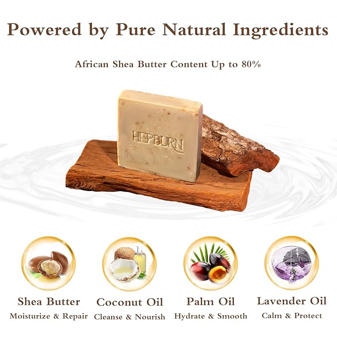 HEPBURN Shea Butter Soap Raw African Shea Butter 108g Unrefined – 100% Pure Organic for Face, Body & Feminine Wash – Deep Moisturizing & Skin Repair – Rich in Vitamins A, E & F