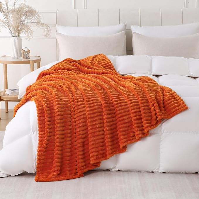 Orange Throw Blanket for Couch Sofa 60x80 inches Striped Design | Fleece Blankets Room Home Decor Lightweight Plush Soft Cozy Gifts for Women Mom