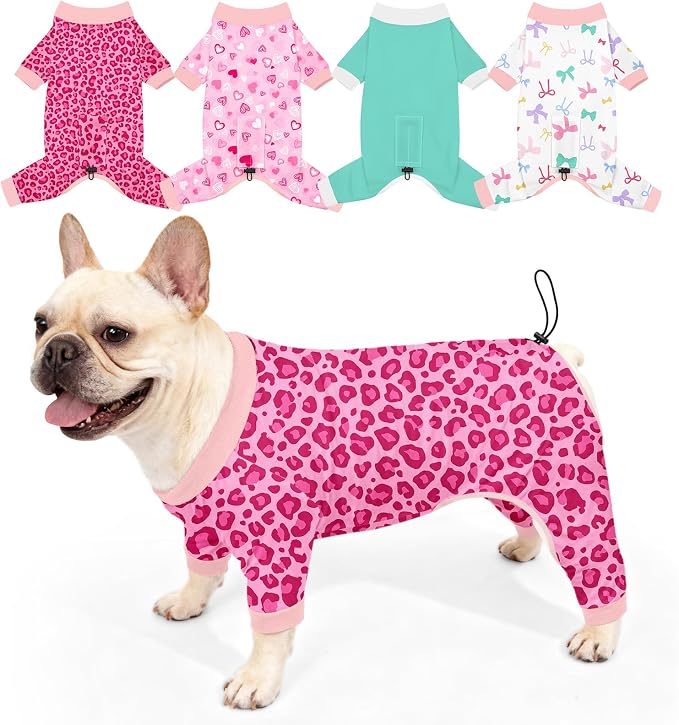 Bienbee Dog Pajamas, 4 Pack Adjustable Onesies for Small to Large Dogs L | Dog Shedding Suit with Soft Fabric, Breathable & Stretchy, and Adjustable Back Length for Sleeping Lounging and Daily Use