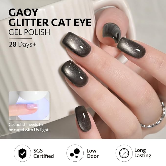 GAOY Jelly Black Cat Eye Gel Nail Polish, 16ml Glitter Holographic Nail Polish with Magnet, Reflective Translucent UV Gel, 2946 Black Pearls