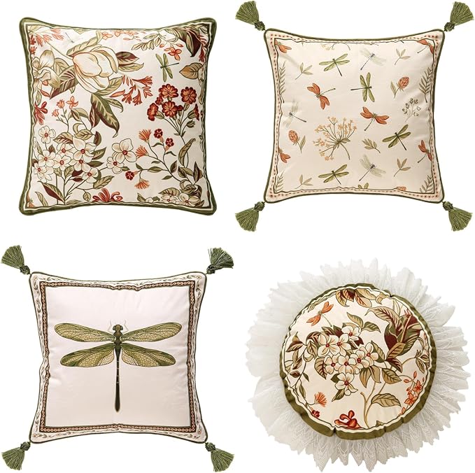 Designer French Velvet Throw Pillow Covers,Set of 4-Grace ABCD | Pillow Cover,Concealed Zipper Design,Dragonfly Pattern,Sofas,Bedroom,Living Room,Lounge Chairs,All Season Home Decor