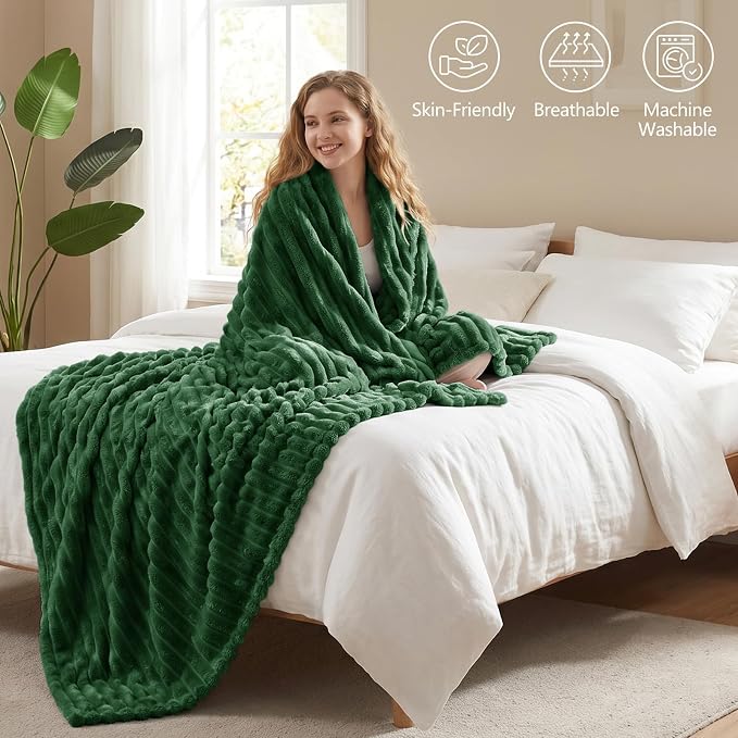 Dark Green Blankets Queen Size for Bed, 90 x 90 Inch | 300GSM Ribbed Fleece Blanket, Soft, Cozy & Lightweight, OEKO-TEX Certified, All-Season for Bedrooms, Guest Rooms & Gifting
