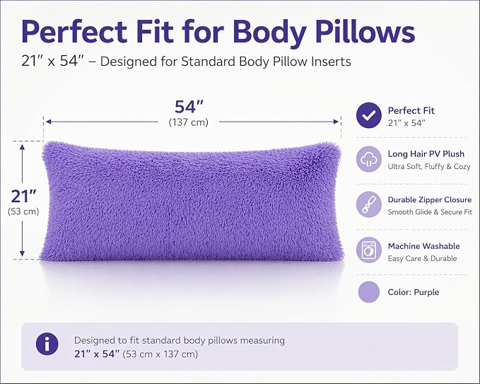 REAFORT Long Hair Faux Fur Body Pillow Cover 21"x54", Hidden Zipper (Lilac) | Ultra-soft long hair faux fur with a hidden zipper offers luxurious comfort and is machine washable for easy care.