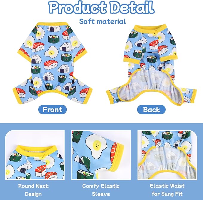 DaFuEn Dog Pajamas for Small Dogs, Soft Stretchy 4 Legs Puppy Jumpsuit, All Season Cozy Pet PJs for Chihuahua Yorkie Teacup Dogs, Cat Clothes (Blue Bread, S)