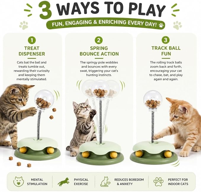 Interactive Cat Toy for Indoor Cats, 3-in-1 Cat Treat Dispenser Puzzle Toy with Spring Teaser, Rolling Ball Track & Slow Feed Treat Ball for Kittens and Adult Cats - Kitty Whiskers Playhouse