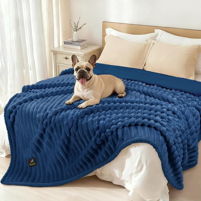 Luciphia Waterproof Dog Blanket, Washable Reversible Flannel Pet Throw | Reversible fleece cover for couch, bed, and crate; calming, and claw-resistant for dogs, cats, puppies Blue L(65''x57'')