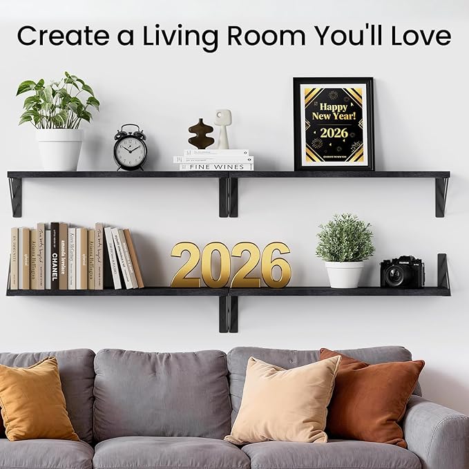 BAYKA Wall Mounted Floating Shelves, Wood Floating Wall Shelf for Books & Decor, Small Space-Saving Display & Organizer（Black，23in，Set of 4）
