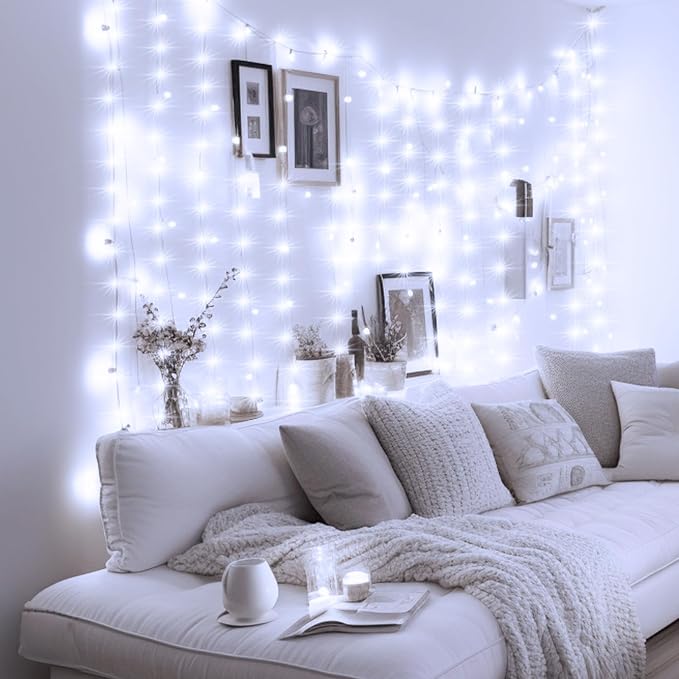 Minetom Curtain Lights, 300 LED Dimmable Fairy Lights with Remote and Timer, 8 Modes, USB Powered String Lights for Room Wall Party Xmas Indoor Decor, Winter Wonderland Christmas Decorations