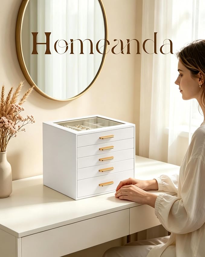 Homeanda Jewelry Boxes Organizer with Glass Lid, 5-Layer PU Leather, White | Modern style display case with 5 drawers for daily jewelry, women, mom or girl gift