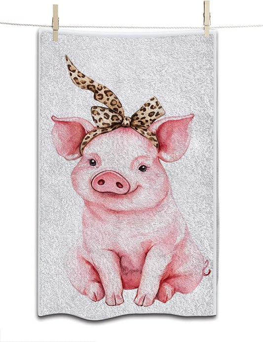 Pink Funny Cute Pig Hand Towel Farm Animal Piggy Wearing Leopard Bandana Face Towels Suit Travel Sports Pool Swimming Bath Camping Spa Gym Yoga,15x30 Inch