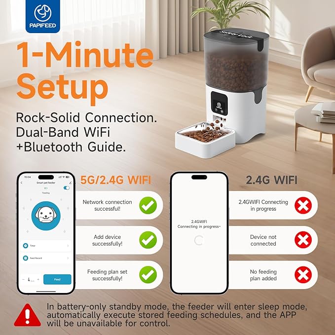 PAPIFEED Automatic Cat Feeder with App, 5G WiFi Cat Food Dispenser, 6L Timed Cat Feeder for Dry Food, 10 Meals/Day, 12 Portions/Meal, Dual Power Supply Smart Pet Feeder for Small Dog, White