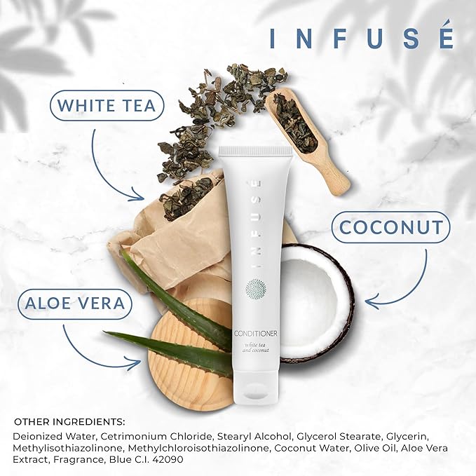 Travel Size Hotel Conditioner 200 Count 1 oz Bottles Guest Amenities for Hotels Vacation Rentals and Short Term Rentals Paraben Free White Tea and Coconut Scent Infused with Aloe & Olive Oil by INFUSE