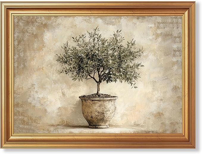 JLTULT Olive Tree Wall Art, Gold Framed Botanical Canvas, 12 x 16 Inches | Potted olive tree art on fade-resistant canvas with a ready-to-hang gold-tone PS frame for kitchens, dining rooms and offices