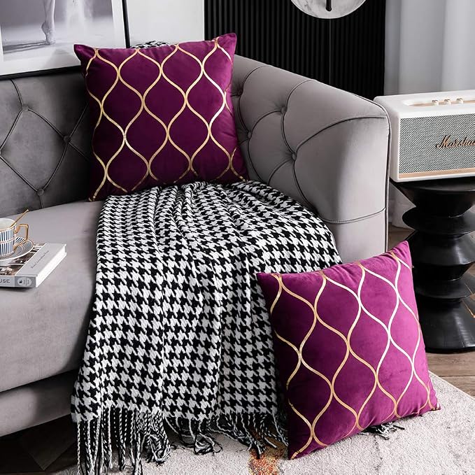 Gold Velvet Throw Pillow Covers Purple: 2 Pack 18x18 Inch Square Decorative Pillow Cases for Bedroom Sofa Couch Living Room