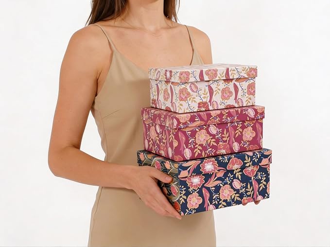 3-Piece Decorative Storage Boxes with Lids, Tulip Cherry Blossom with Gold Foil, Cardboard Paperboard Keepsake box Set, Photo Storage Box for Memory, Home Decor, Modern Decoration Organizer