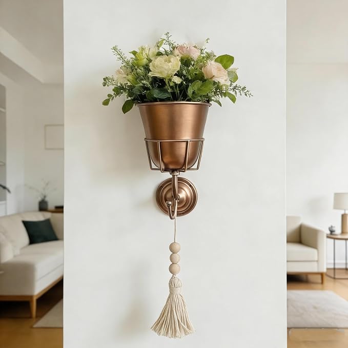 Metal Wall Vase for Flowers with Hook, Gold Wall Mounted Vase | pace-Saving Wall Flower Display with Built-In Hook