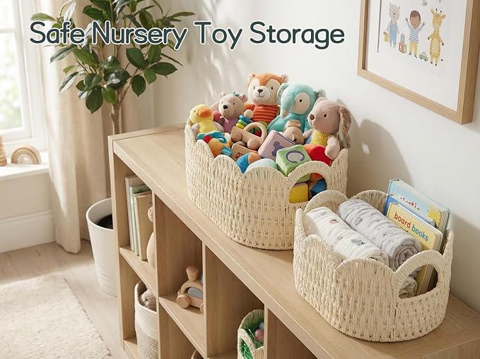 Coeusy Paper Rope Scalloped Basket Set of 2,Hand-woven Storage Baskets for Shelves,Nursery,Books,Toys,Cute Boho Decor Baskets for Organizing,White