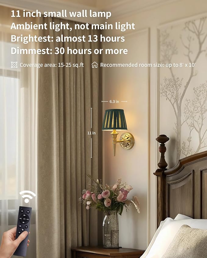 KDG Cordless Gold Wall Sconces Set of 2, Green Fabric Lampshde Wall Lamps | Small LED Wireless Portable Rechargeable Battery Lighting for Wall Painting, Living Room, Bedroom, Hallway, Gifts, Nightlight