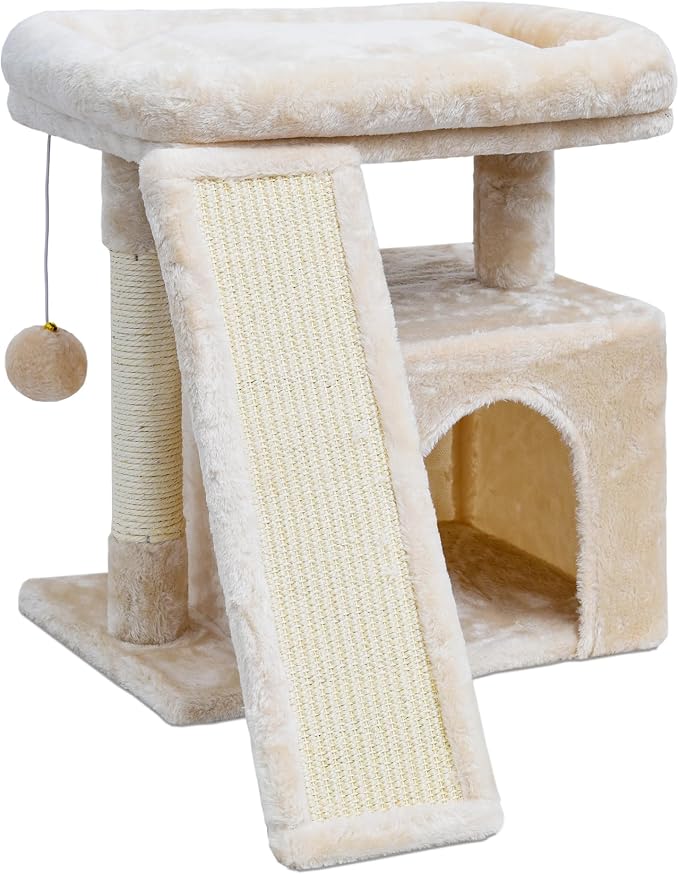 Small Cat Tree for Indoor Cats, Cat Tower with Scratching Post, Perch and Cozy Condo for Kittens and Adult Pets (Beige)
