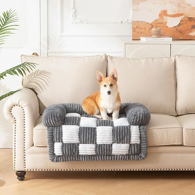 Dog Bed for Couch with Bolster, Comfy Couch Cover for Dogs Washable, Non-Slip Plush Furniture Protector, Calming Fuzzy Lounge Mat, Pet Sofa Accessories (Grey, Small)
