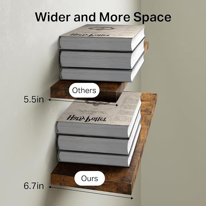 BAYKA Rustic Brown Floating Shelves 22.5in, 3 Pack, Wall Mount Wood Shelf | Easy Install, 22lbs Max Load, Hidden Bracket, for Bathroom Bedroom Kitchen Display Storage Decor, Multi-Wall Compatible