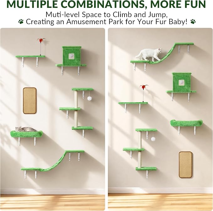 Cat Wall Shelves, 6 in 1 Cat Wall Furniture Set with Condos House, Bed, Bridge, Tree, Steps, Scratching Board, DIY Walls Playground for Indoor (Green)