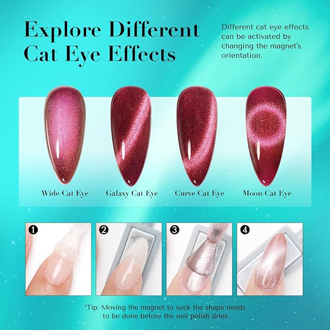AZUREBEAUTY Cat Eye Magnetic Nail Polish Set, Quick Dry Non-Gel Holographic Fingernail Mooncat Polish with Top Coat, 4 Colors (Red, Purple, Green, Teal), DIY Salon at Home Manicure for Women