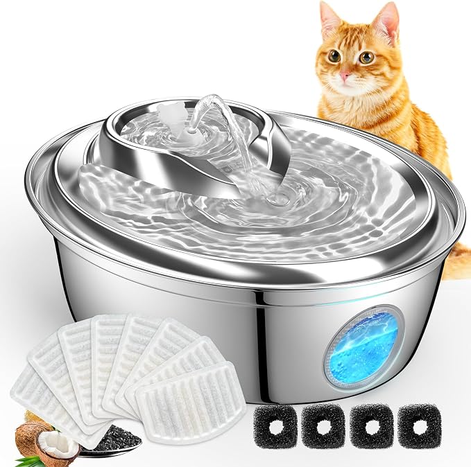 ORSDA Cat Water Fountain Stainless Steel 67oz/2L, Automatic Pet Drinking Fountain with Water Level Window, Dog Water Bowl for Cats and Small Dogs- 8 Filters +4 Pump Sponges (D36)