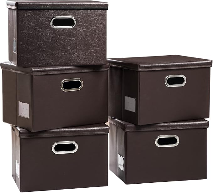Large Stackable Storage Boxes with Lids [5-Pack] Leather Fabric Foldable Storage Bins Organizer Containers Baskets Cubes with Cover for Bedroom Closet Office Nursery Brown(17.7x11.8x11.8)