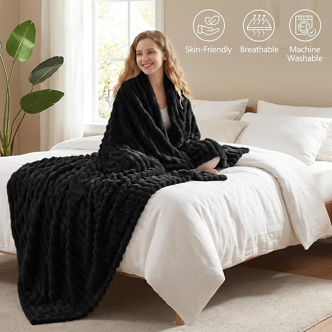 Black Blankets Queen Size for Bed, 90 x 90 Inch | 300GSM Ribbed Fleece Blanket, Soft, Cozy & Lightweight, OEKO-TEX Certified, All-Season for Bedrooms, Guest Rooms & Gifting