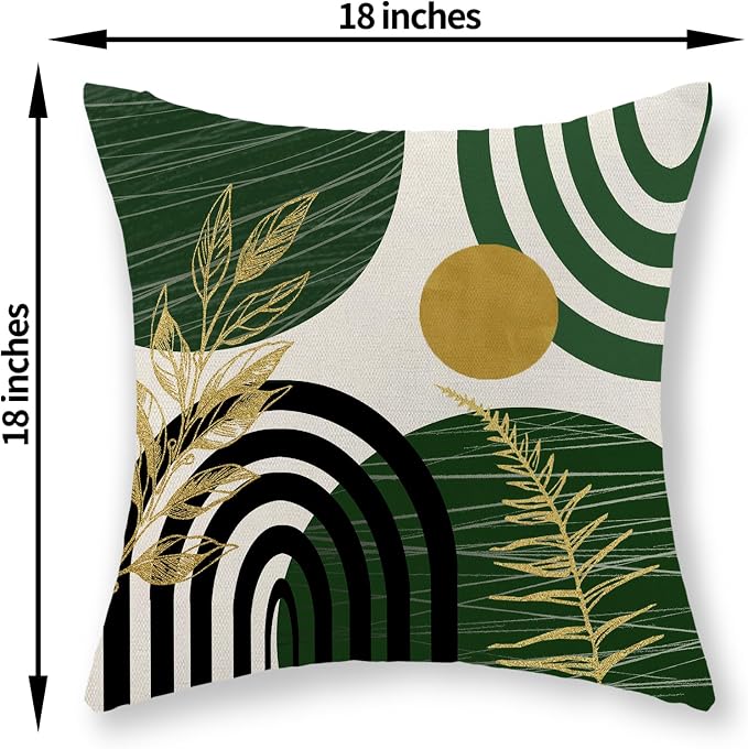 Boho Green Pillow Covers 18x18 Set of 2 Green Gold Leaf Tropical Decor Mid Century Throw Pillows Outdoor Bohemian Decorative Pillowcase Farmhouse Abstract Modern Cushion Case for Couch Sofa