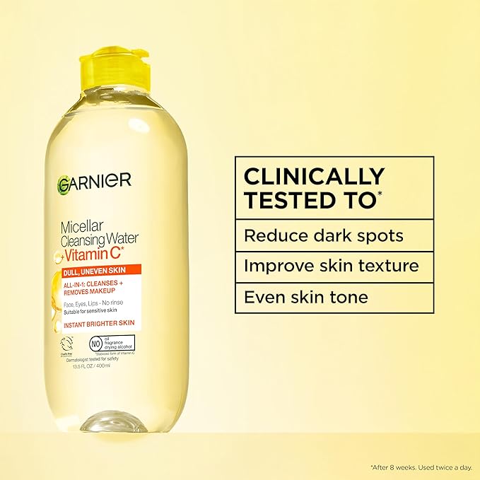 Garnier Micellar Water with Vitamin C, Facial Cleanser & Makeup Remover, Brightening & Hydrating, For All Skin Types, Vegan, Cruelty Free, 13.5 Fl Oz (400mL), 1 Count
