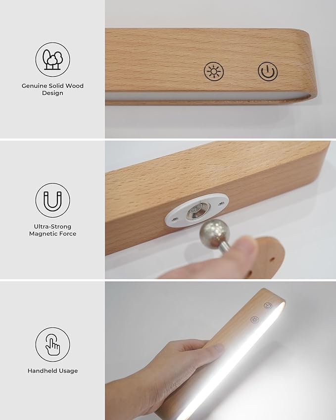 PopoIron 7500 mAh Rechargeable Wall Sconce, Battery Operated LED Wall Light for Bedroom with Remote Control & Touch, 360° Magnetic Rotation, 3 Colours, Dimmable Wood Wall Lamp, 15 RGB Colors, 1p