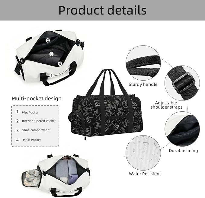 Fiokroo Sports Gym Bag Video Game Controller Background Travel Duffel Bag For Men Women With Shoe Compartment Water Resistant Gym Bag Carry On Duffel Bag For Weekend Traveling Yoga Gym Sports