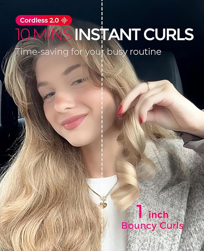 TYMO Cordless Automatic Curling Iron - TYMO CurlGo 1 Inch Beach Waves Rotating Curling Wand, Portable Hair Curlers for Travel, Dual Voltage & Rechargeable Curler for Women, Tangle-Free, Gold Blush